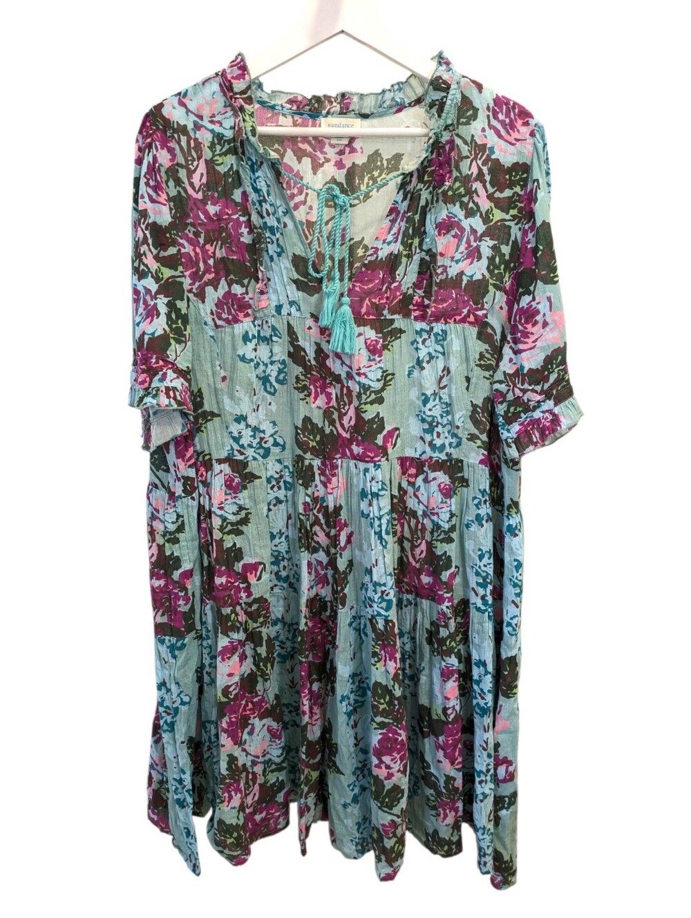 Sundance Provence Stroll Dress XL Floral Boho Tiered Cotton Tassel V Neck